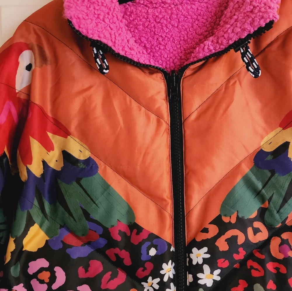 Farm Rio Macaw-Print Faux-Shearling Puffer Jacket - Picture 3 of 6